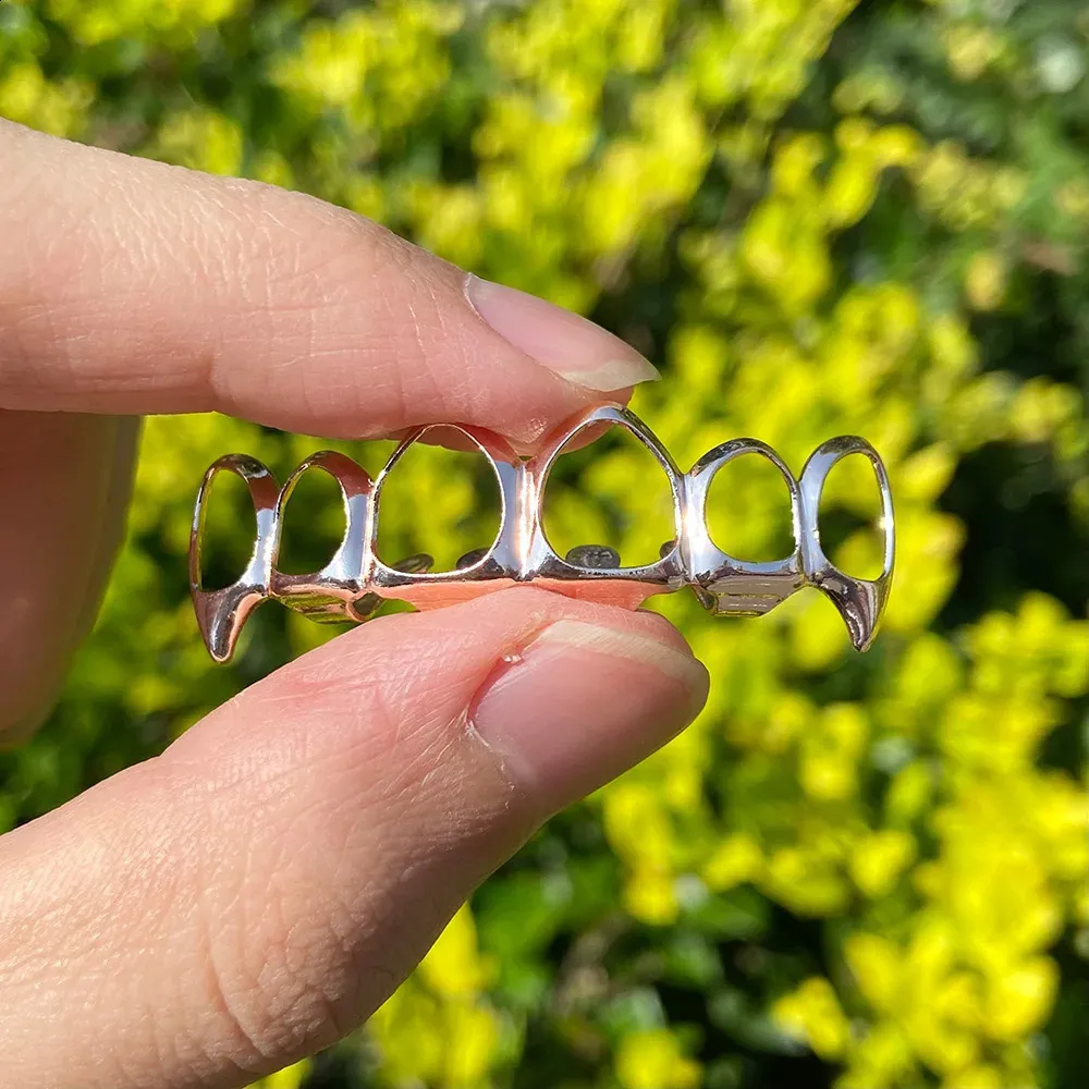 RACHELZ Fashion 6/6 Denti completamente cavi 14K placcati oro Dentiere Decor Bretelle Zanne Griglie dentali per uomo Donna Gioielli_voghion.com