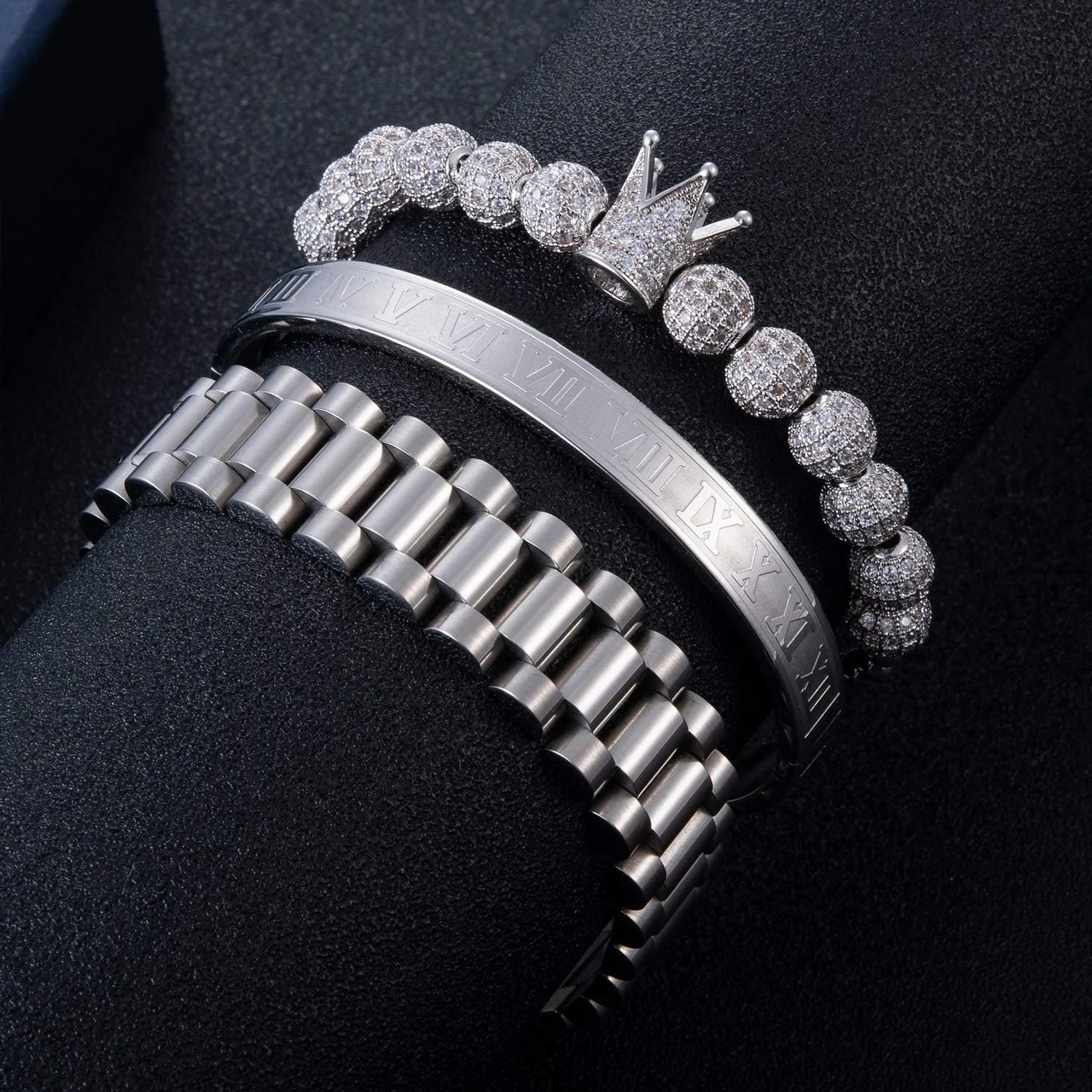 Mens Two-tone Crown Charm Bracelet Set 3 Piece Gold Cuff Bangle_voghion.com