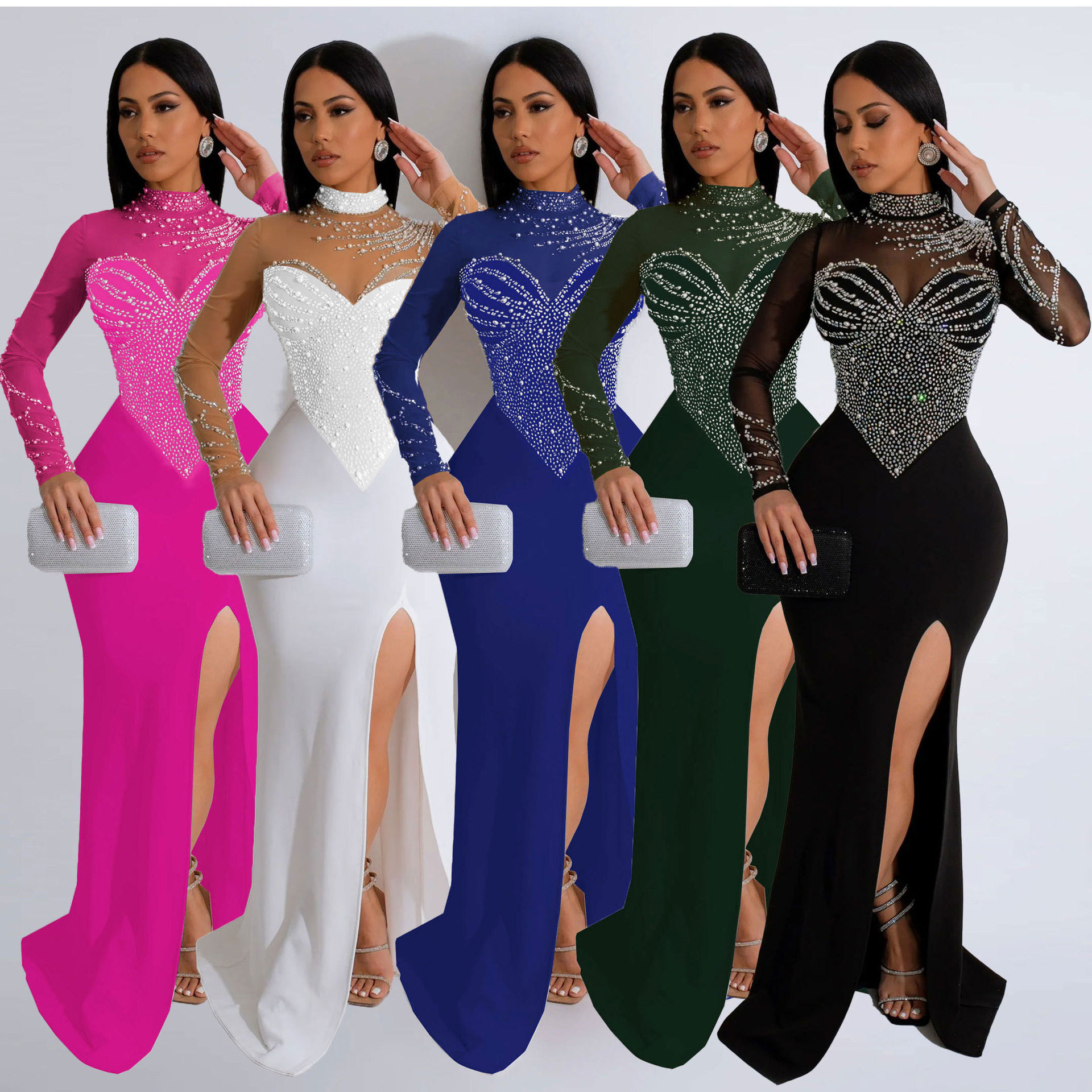 Robe fendue élastique à la taille et aux hanches pour femme avec perles et diamants