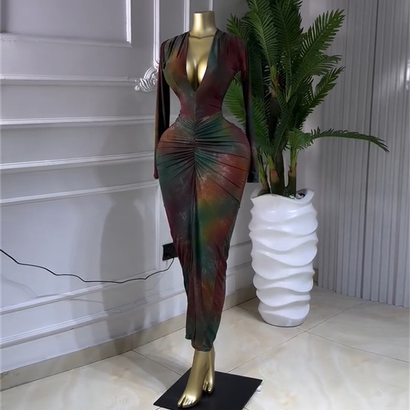 Women's Floral Print V-Neck Long Sleeve Wrap Dress - High Waist Slim Fit Bodycon Dress For Spring, Sweet Style