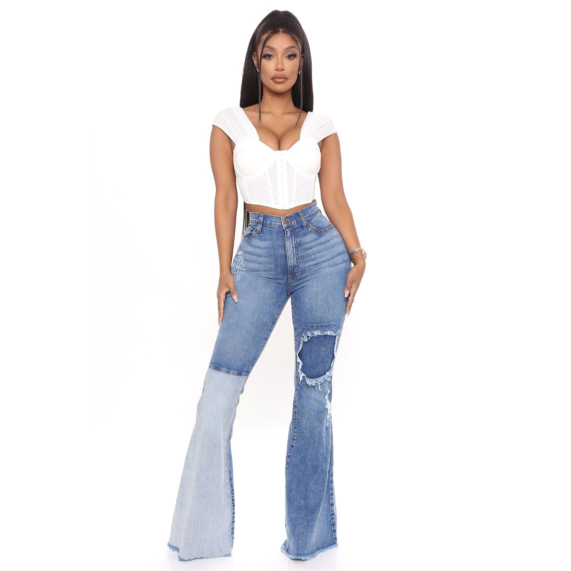 Women’s Clothing Sexy Fashion Versatile Patchwork Ripped Stretch Slim Fit Bell Bottom Pants