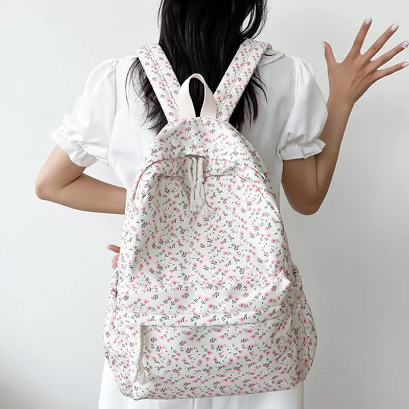 Korean Version Nylon Floral Flower Fashion Junior High School Backpack Travel Bag_voghion.com