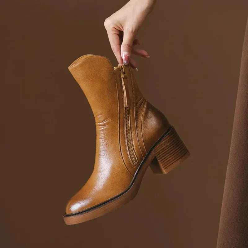 Womens high leather short round thick side zipper foot pedal boots 241022_voghion.com