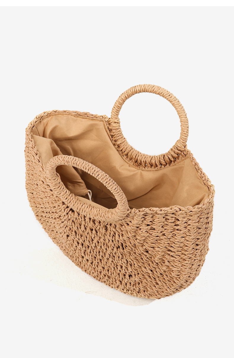 Einfache und vielseitige handgehaltene halbrunde Strohtasche, neue gewebte Tasche mit großem Fassungsvermögen, Strandtasche im Urlaubsstil, handgehaltener Gemüsekorb_voghion.com