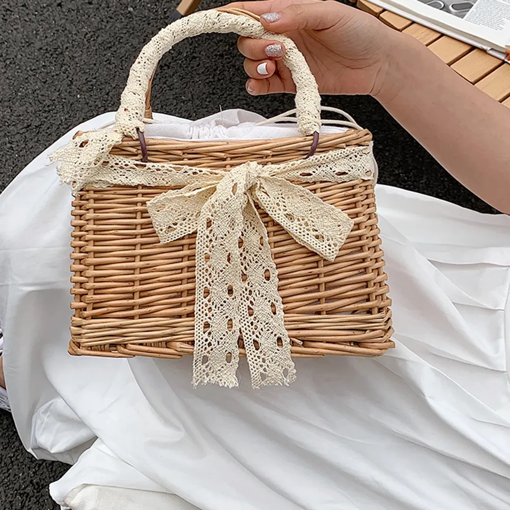 Damen Stroh und Handtaschen Sommer Rattan Handgemachte Tragetaschen Damen Bänder Sommer Strandkorb Perlen Reisetasche_voghion.com