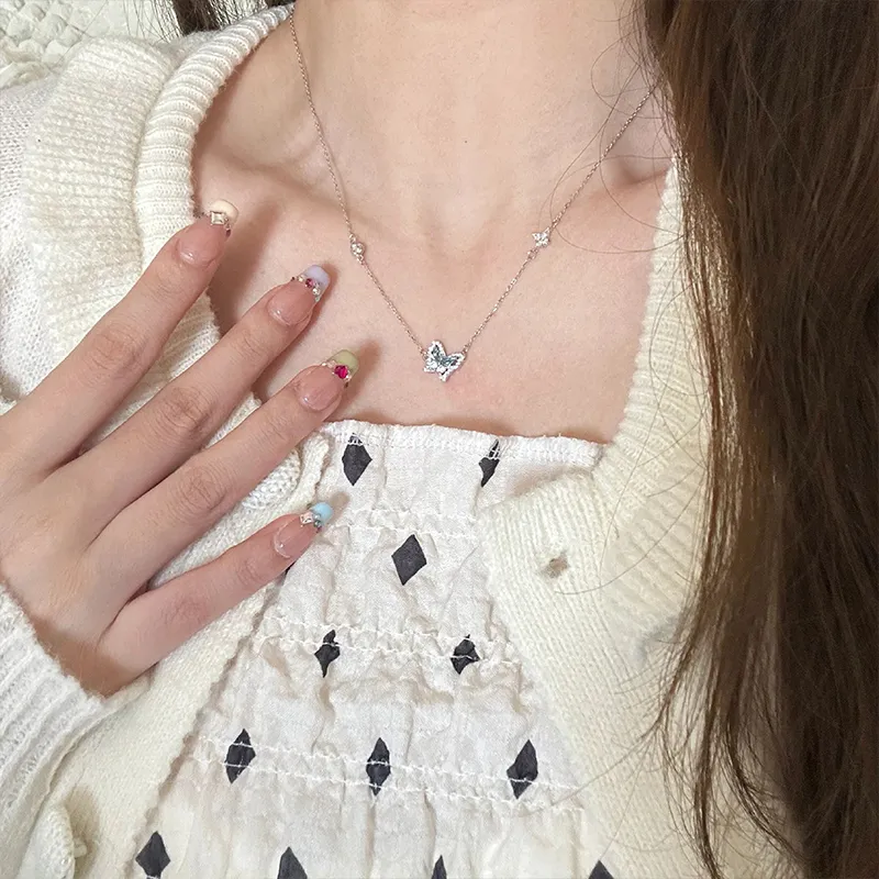 Chaînes en argent sterling avec pendentif papillon brillant pour fille douce, bijoux élégants à la mode, chaîne de clavicule pour femmes_voghion.com
