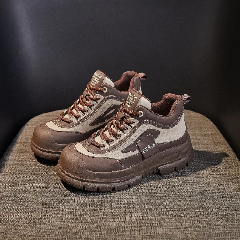 Genuine Leather Thick Sole High Cut Round Toe Women Dad With Plush Insulation Casual Comfort And Versatile Board Shoes_voghion.com