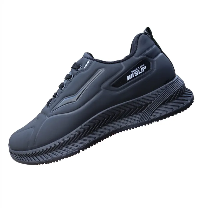 Baskets de sport en cuir imperméables pour hommes, chaussures de travail décontractées à semelles épaisses en caoutchouc résistantes à l'usure, noires_voghion.com