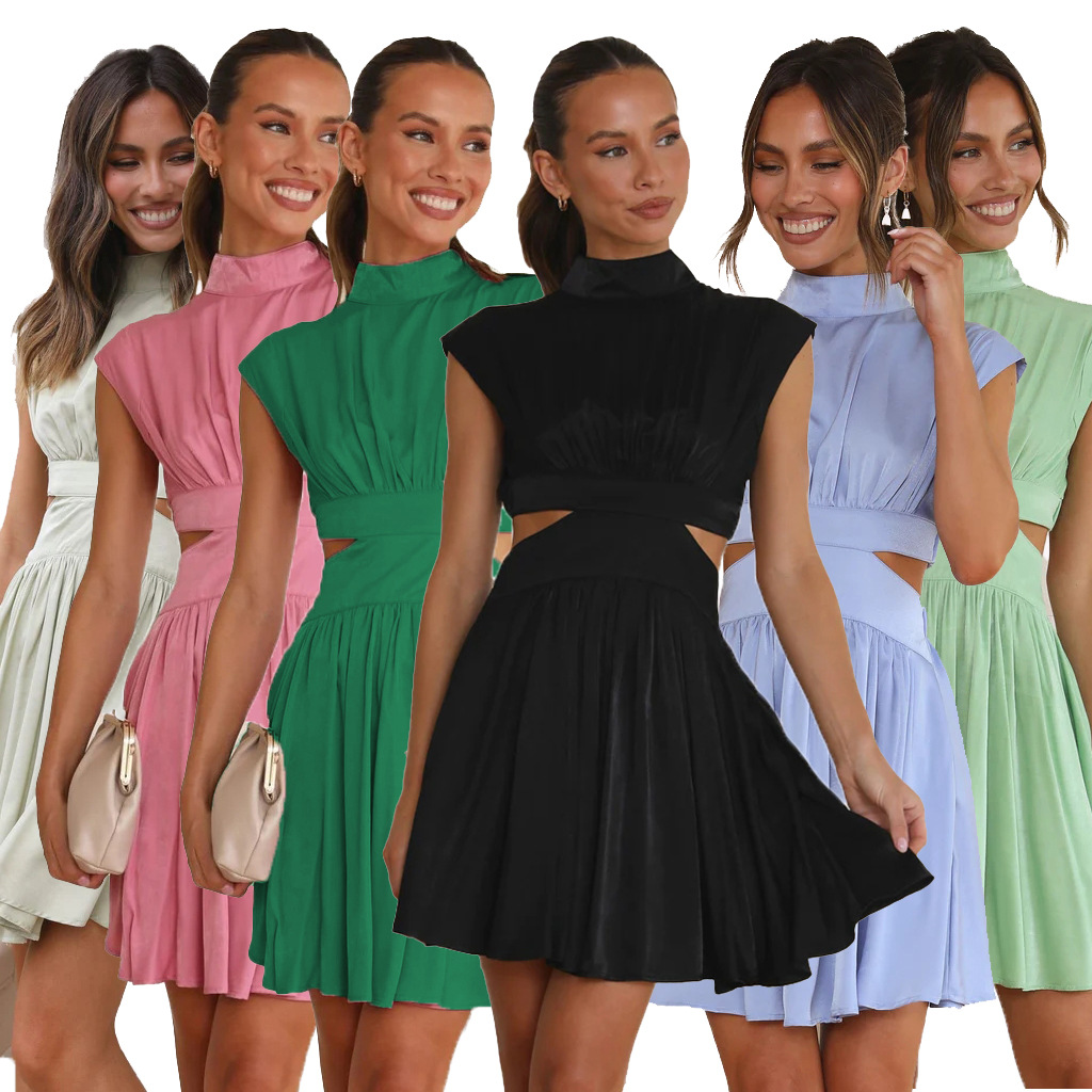 Women's Clothing Solid Color Sweet Summer Style Waist Up Stand Up Collar Open Waist Short Dress