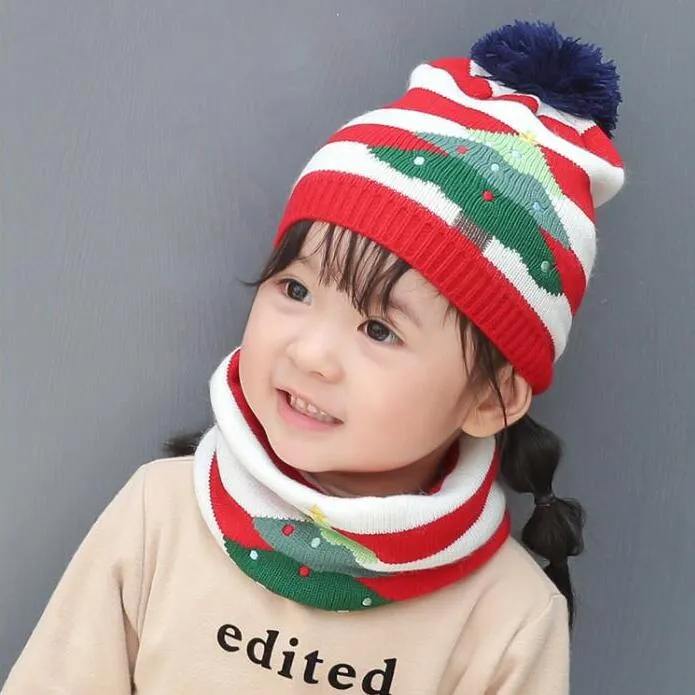 Hot Chritma Gift Beanie Καπέλο Σετ δύο τεμαχίων μωρό αγόρι και κορίτσι Παιδικό ζεστό πλεκτό κασκόλ για 1-5 χρόνια_voghion.com