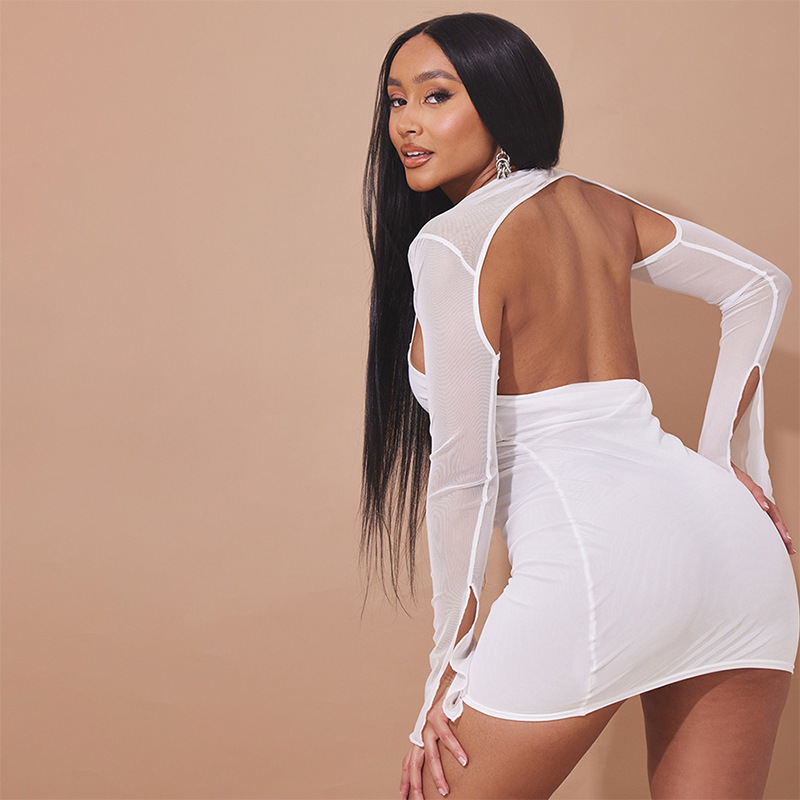 Women's autumn new solid color gauze perspective shawl long sleeve wrapped dress_voghion.com