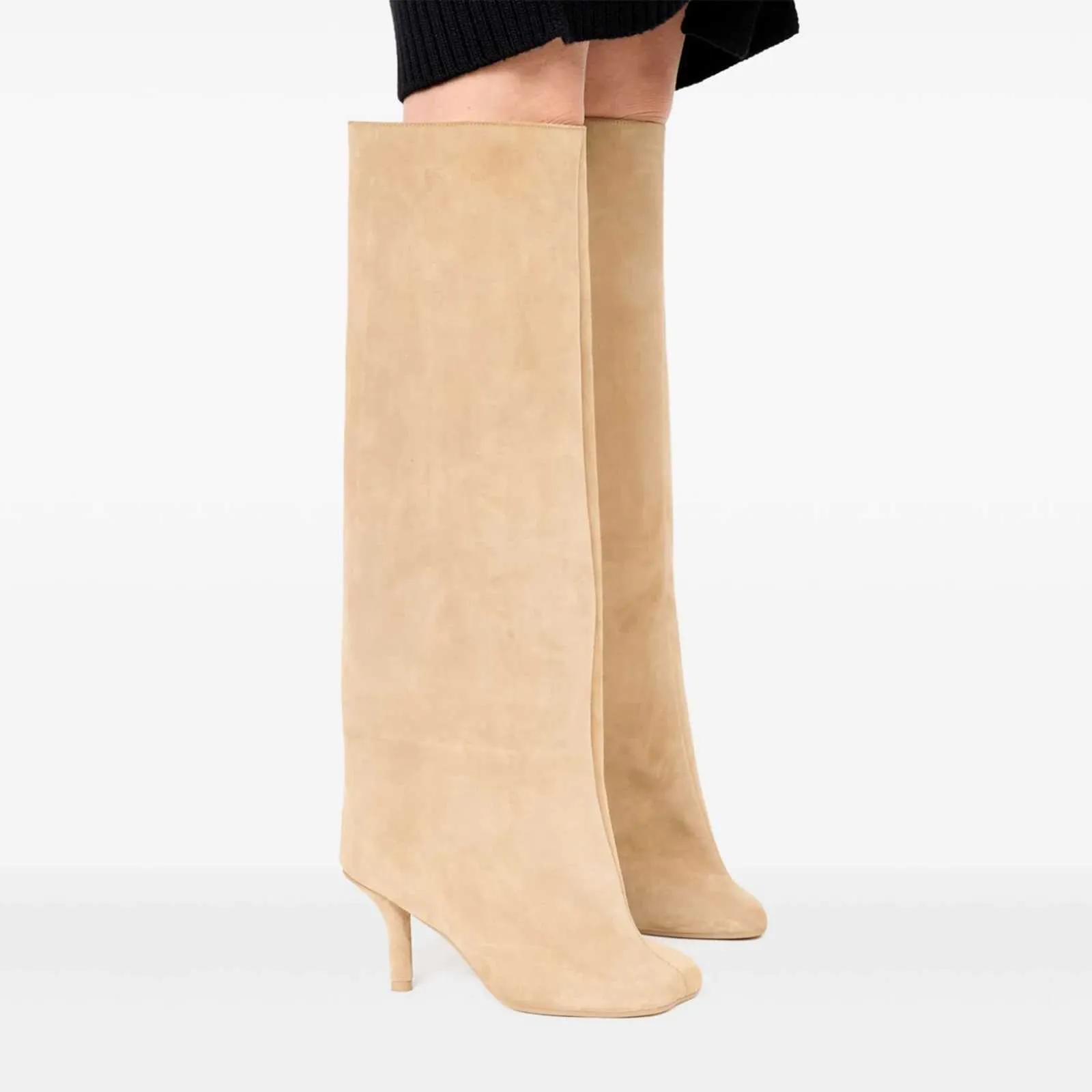 Womens Nude Suede Knee High Square Toe Wide Calnd Foot Pull On Stiletto Heels Fashion Dress Tall Riding Boots Ladies_voghion.com
