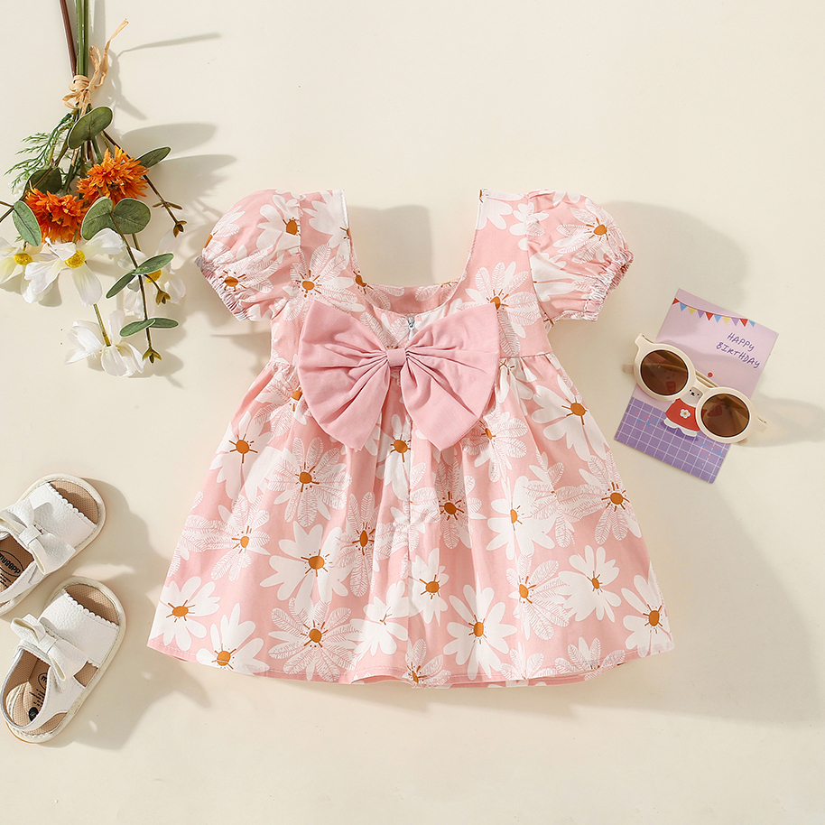 Flower Baby Girl Dress Summer Cotton Princess Dress with Big Bow_voghion.com