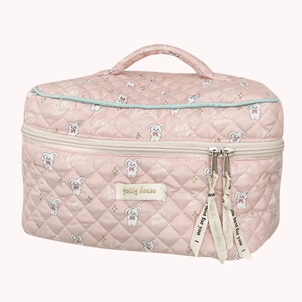 Trousse de toilette coréenne mignonne, portable, zippée, organiseur de voyage, trousse de maquillage matelassée, grande capacité, imprimé floral, pour femmes_voghion.com