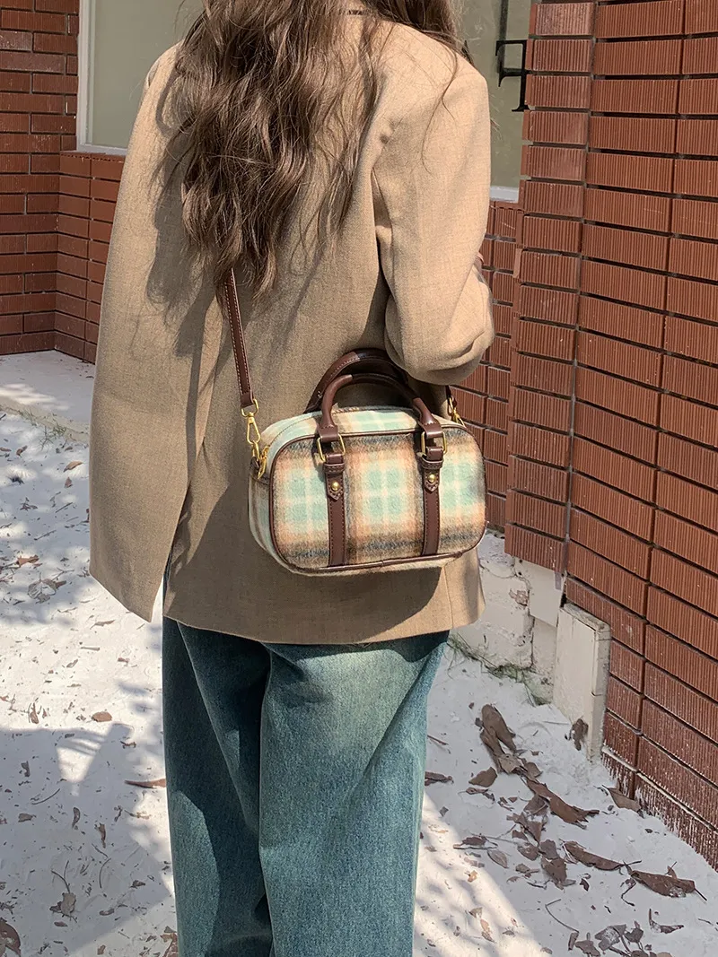 Borsa a tracolla da donna in lana, stile retrò college, stile bowling, stile Joker, stile plaid, stile New Wave_voghion.com