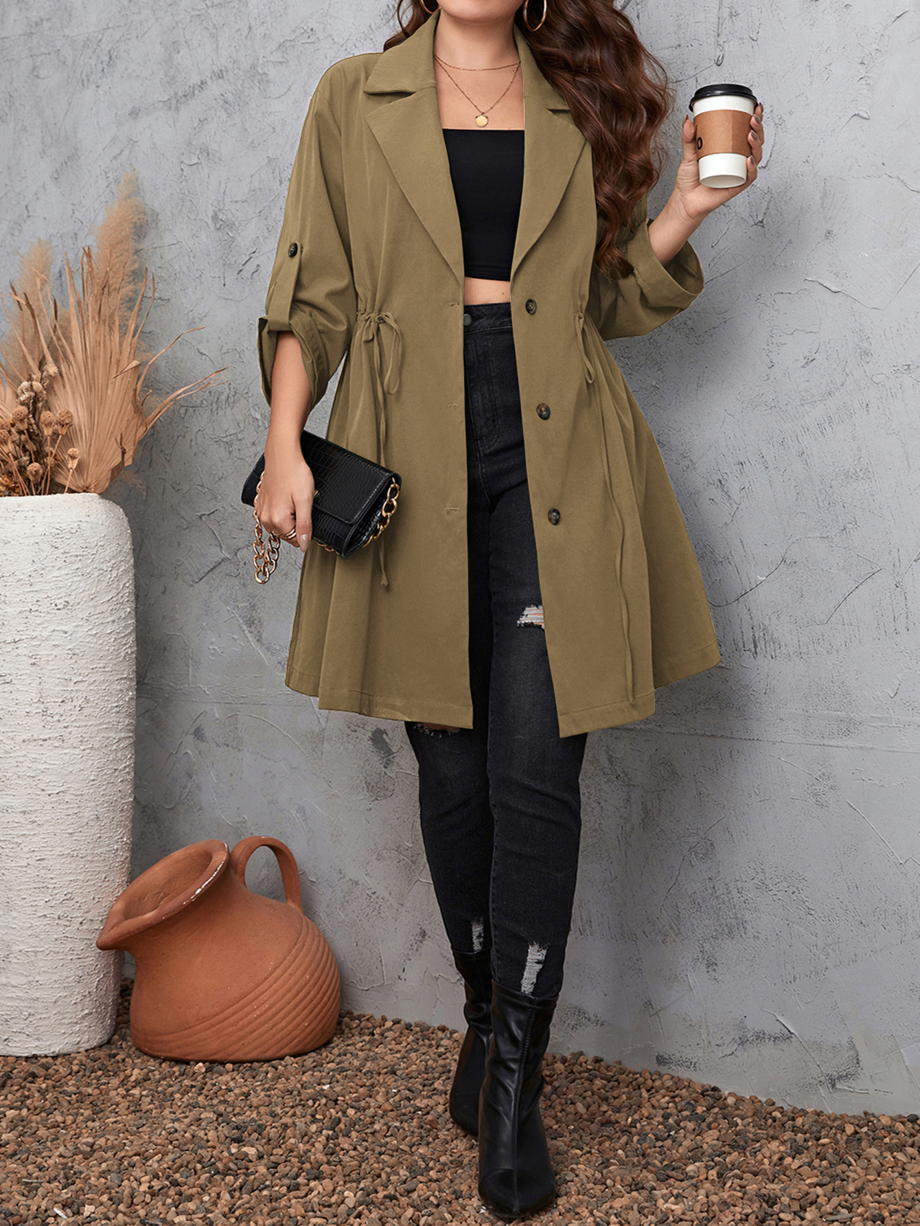 Elegant Women's Mid-length Coat With Suit Collar Plus Size Outerwear_voghion.com