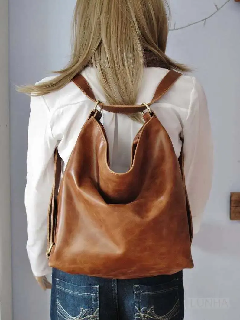 Damen-Rucksack 2-in-1, modisch, Retro, geöltes Wachs-PU-Leder, Schultertasche mit großem Fassungsvermögen, Crossbody-Tasche, einfarbig, britisch_voghion.com