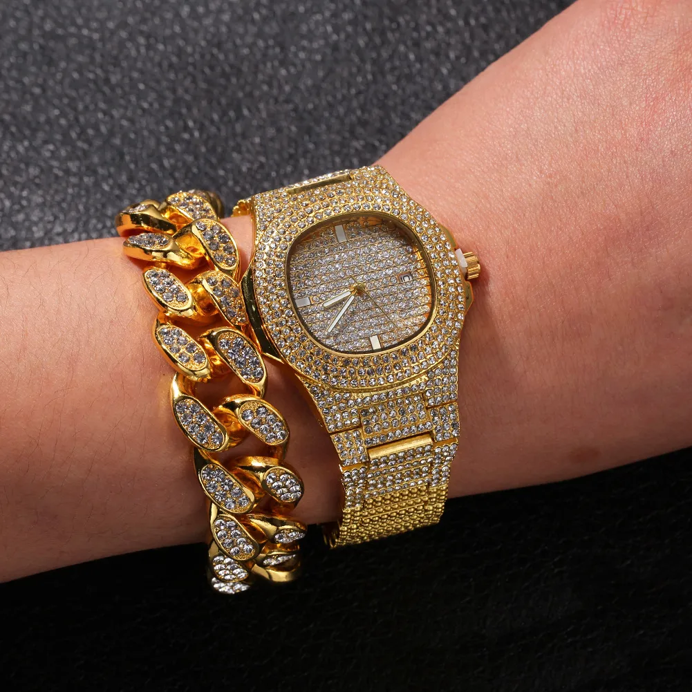 Νέα μόδα εξατομικευμένη 20 χιλιοστά χρυσό Blingbling ανδρών κουβανέζικη αλυσίδα συνδέσμων κολιέ βραχιόλι σετ ρολογιών χιπ χοπ ράπερ κοσμήματα_voghion.com