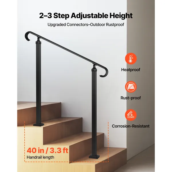 Corrimano per scale esterne, altezza regolabile a 2-3 gradini, corrimano di transizione in acciaio al carbonio con kit di installazione._voghion.com