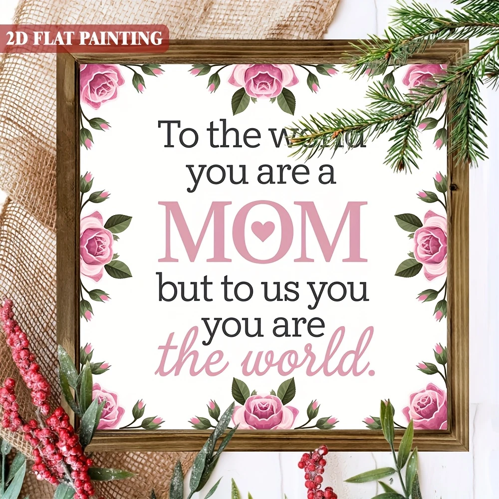 Pancartă florală din lemn „Mamă” - Artă rustică înrămată 20x20 cm cu flori roz. Cadou emoționant de Ziua Mamei sau de ziua ei._voghion.com
