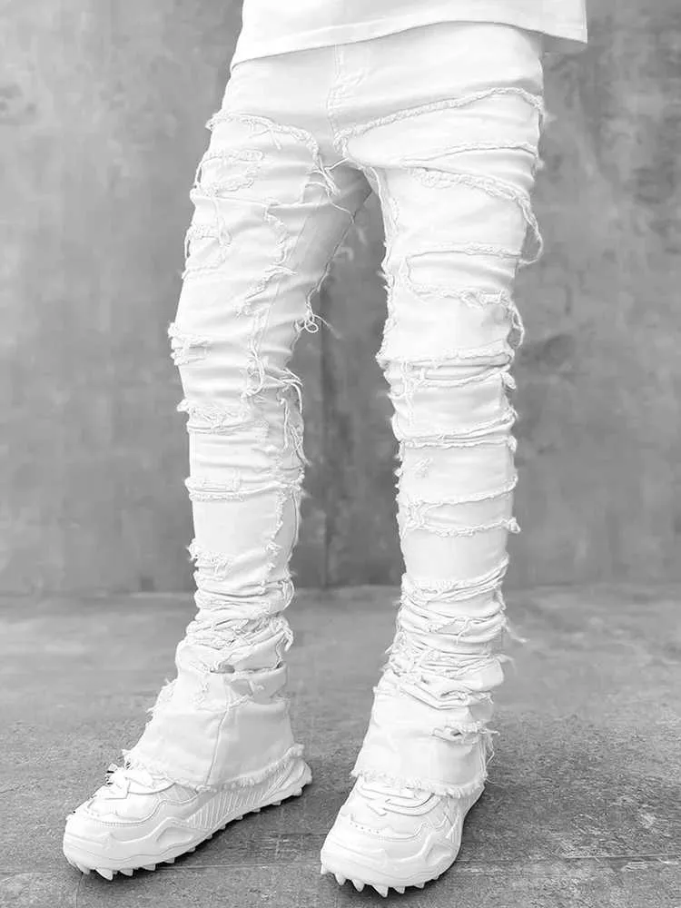 Mens Streetwear Ripped Jeans Fashionable Cool Stretch Pink Stacked Edge Denim Mens Y2K Punk Patch Work Hip-hop Pants_mkmklike.com