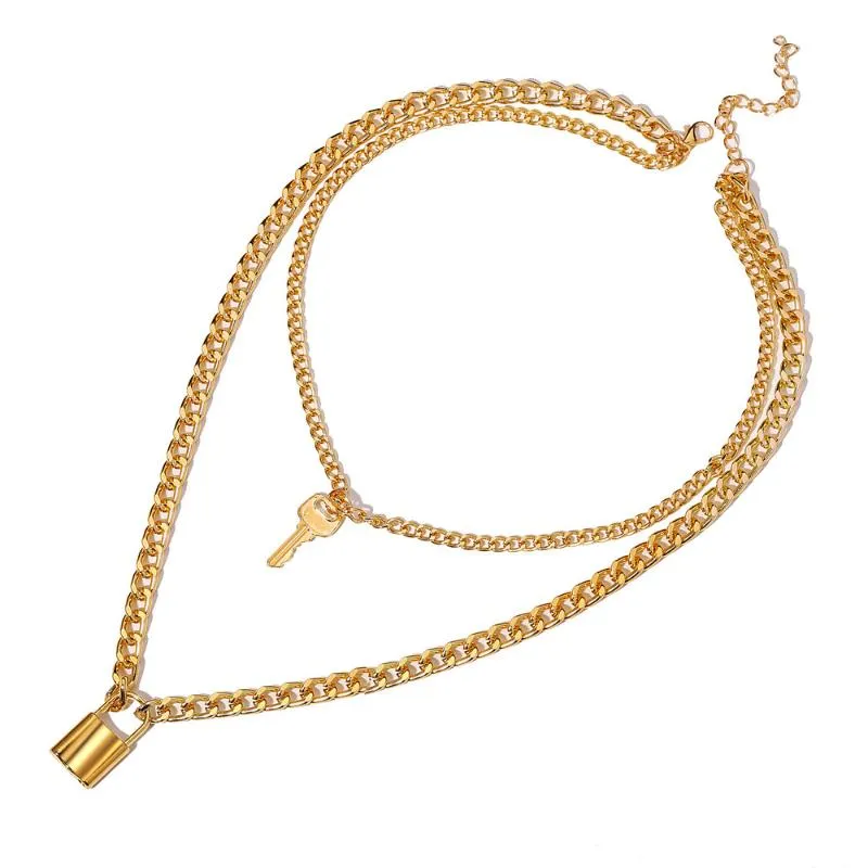 Collane con ciondolo 2023 Collana con lucchetto a chiave alla moda per donne Collane con lucchetto a catena a doppio strato color oro gotico_voghion.com