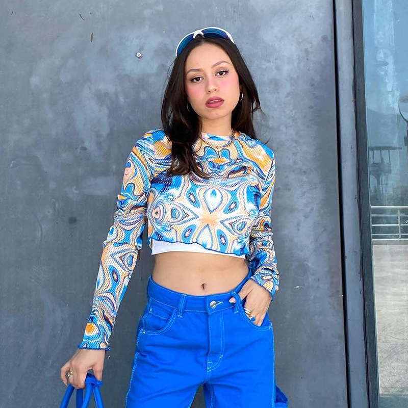 D22TP354 Autunno Nuovo 2024 Girocollo Maglione Manica Lunga Maglia Stampata Ombelico Aperto Top T-shirt Donna_voghion.com