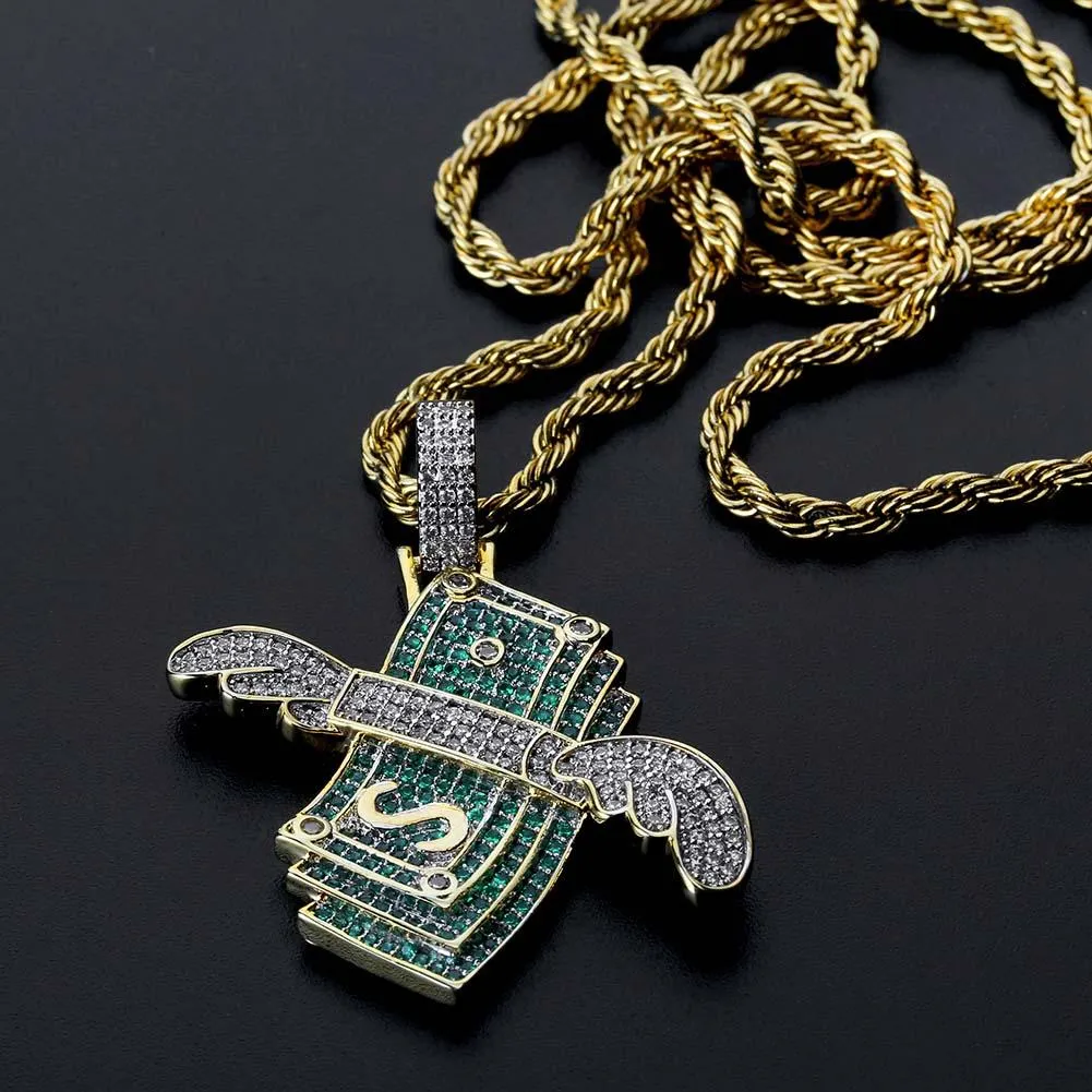 Nuova collana ghiacciata Flying Cash Solid Pendant Collane da uomo personalizzate Hip Hop Oro Argento Colore Charm Catene da donna_voghion.com
