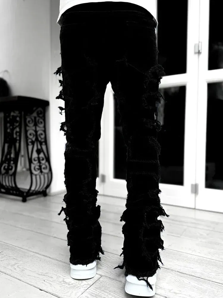 High Street Weiße Herren Stacked Jeans Stretched Patchwork Tassel Damaged Denim Volle Länge Hosen Hippop Hosen Für Männer_voghion.com