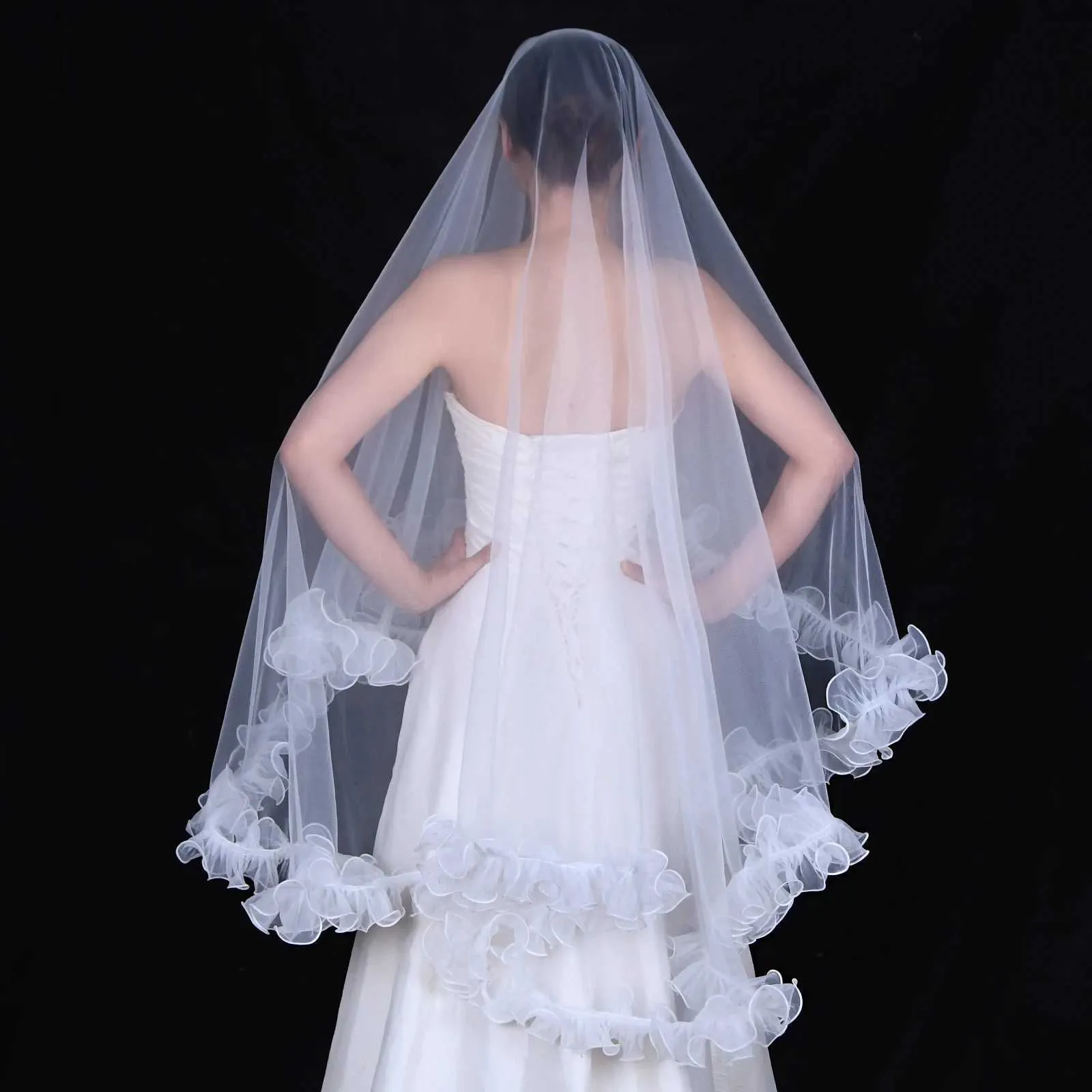 Haarschmuck V212 Brautschleier mit schicken Rüschen KEIN KAMM Schleier Bolero Schal abnehmbares Hochzeitsaccessoire_voghion.com