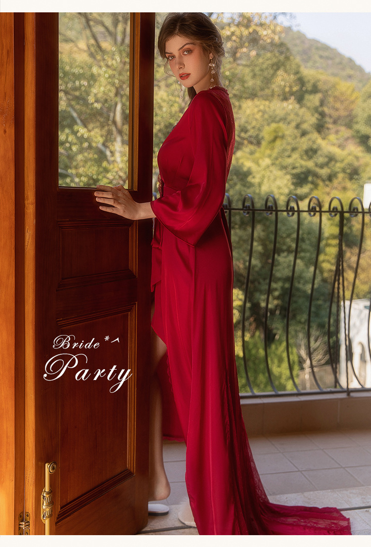Vêtements pour femmes Robe de matin de mariage Chemise de nuit longue pour femmes Maquillage de mariage Demoiselles d’honneur Niche Kimono Satin Peignoir extra long_voghion.com