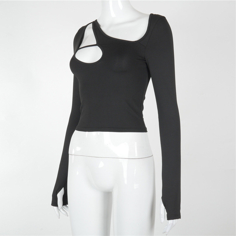 Plus Nine M20764T Winter New Irregular Hollow Diagonal Neck Long sleeved Open Navel Top for Women_voghion.com