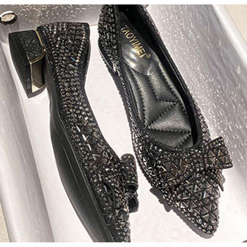 Chunky Heel Damen Neue Flache Mund Voller Diamanten Bogen Temperament Vielseitig Weiche Oberfläche Bequem_voghion.com