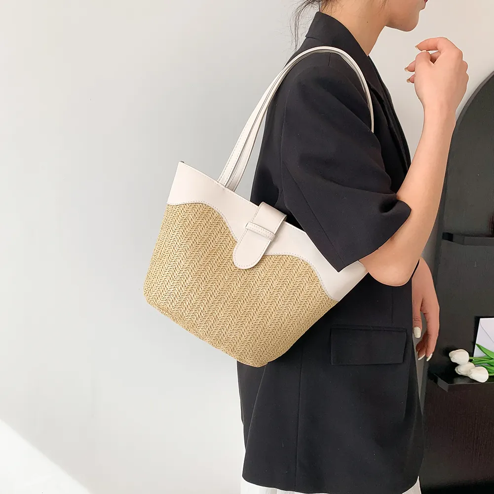 Borsa a tracolla da donna alla moda, grande capacità, in paglia, casual, con cerniera, con manico superiore, leggera e traspirante._voghion.com
