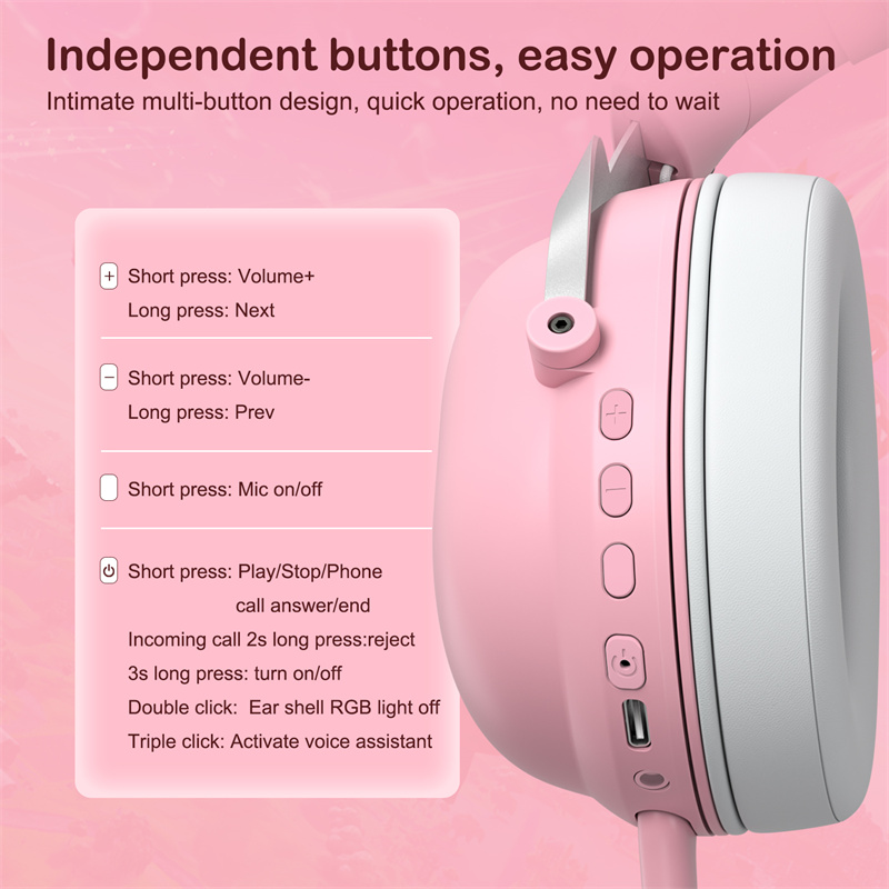 B20 Kabelloses Bluetooth-Headset mit rosa Katzenohren, abnehmbarem Mikrofon und 3D-Stereo-Sound für Spiele und Musik (Mädchen)_voghion.com