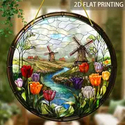 Windmill & Tulips Suncatcher - Vibrant Stained Glass-style Acrylic. Perfect For Mother's Day, Living Room,or Office Decor. Classic Round Hanging Panel_voghion.com