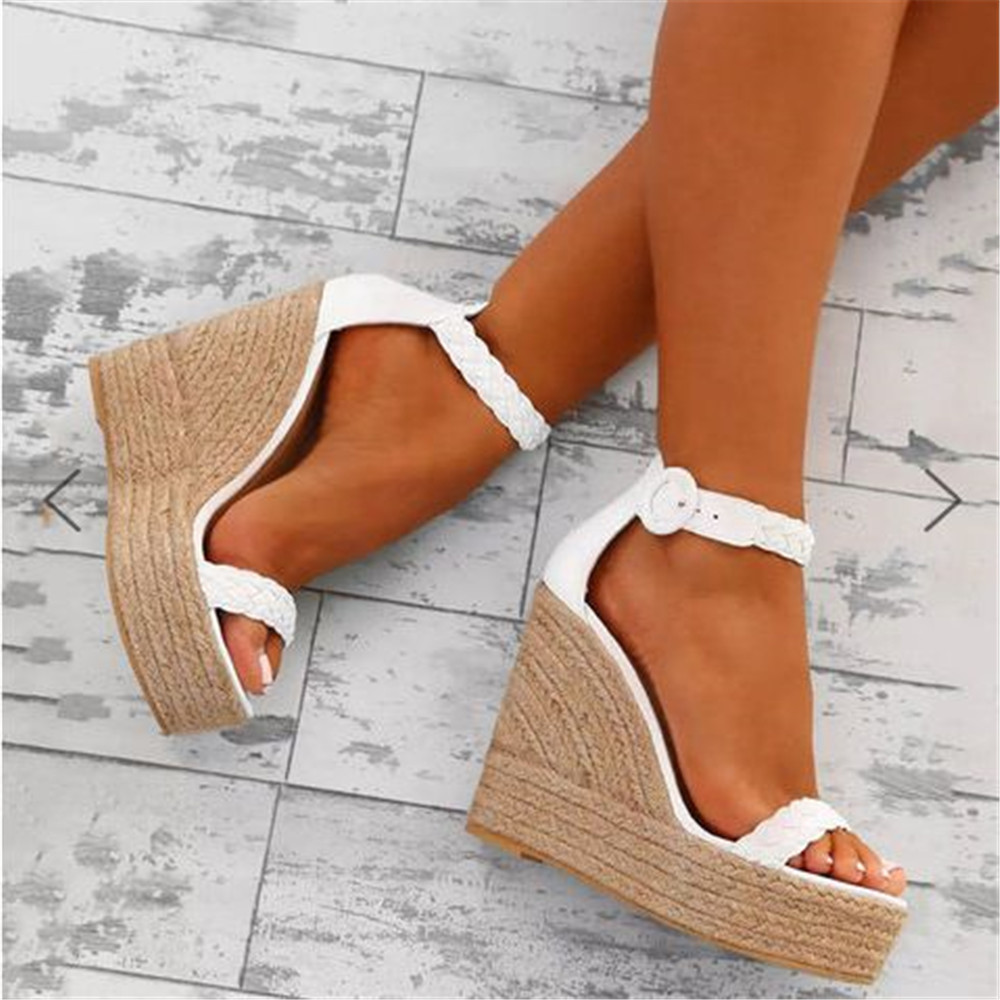 Dames zomer nieuwe henneptouw zomen hoge hakken grote maat dames sandalen met sleehak_voghion.com