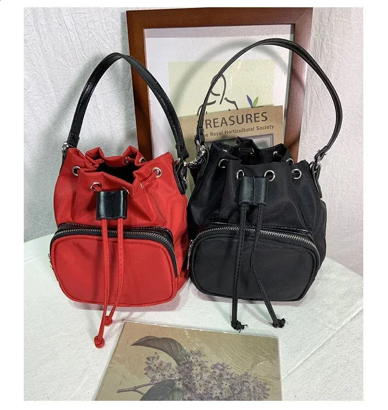 Mini Drawstring Bucket Shoulder Bag For Women Nylon Vintage Style_voghion.com