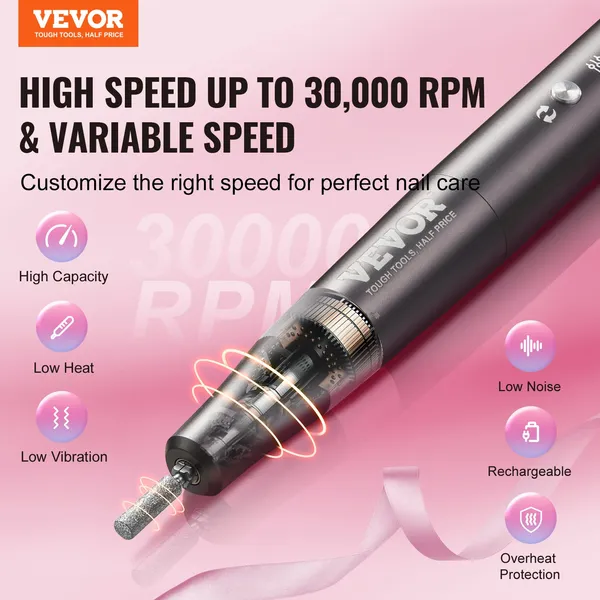 VEVOR Electric Cordless Nail Drill, 30,000RPM Variable-Speed Rechargeable Nail E File Machine, Portable Manicure Pedicure Polisher With 50PCS Sandin_voghion.com