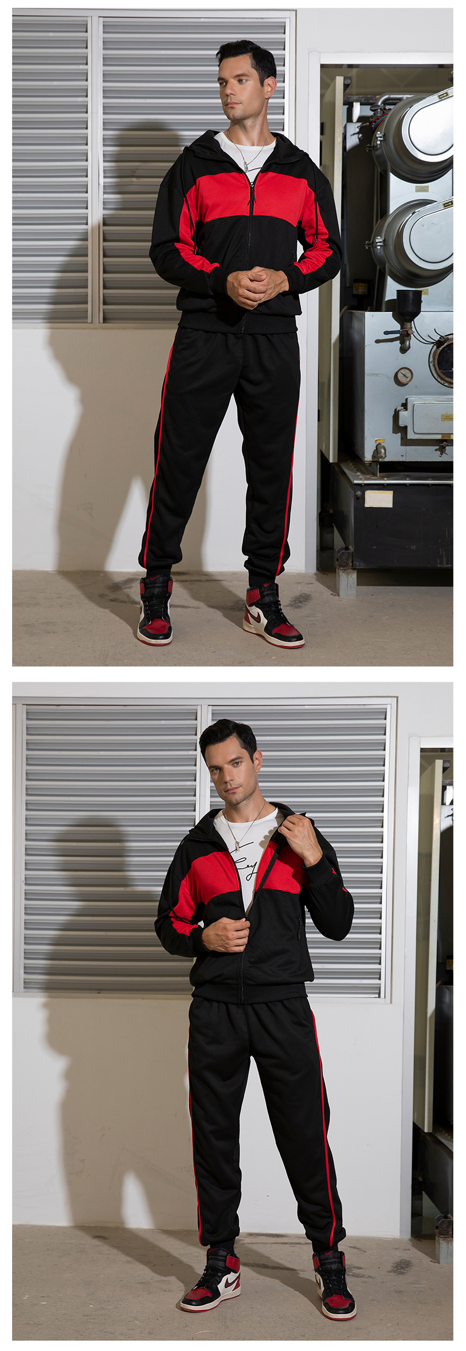 Lässiges zweiteiliges Set für Herren mit Farbkontrast, Strickjacke und Kapuze, Trainingsanzug in Übergröße_voghion.com