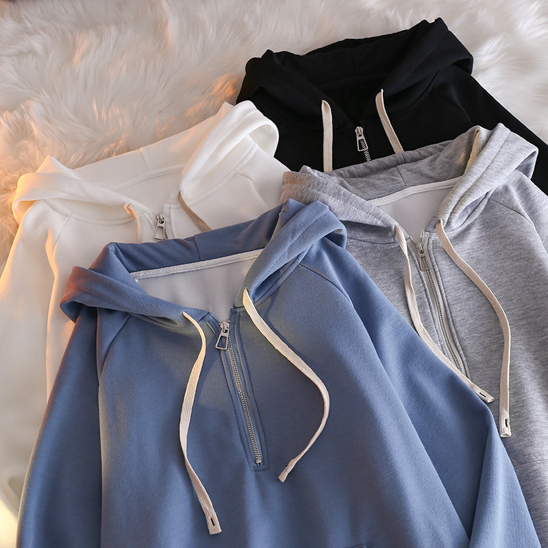 Felpa con cappuccio in pile da donna con mezza zip e vestibilità_voghion.com