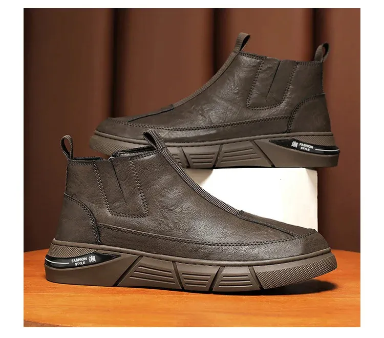 Tendance mode printemps bottes de travail anglaises haut de gamme chaussures décontractées mi-mollet polyvalentes pour hommes matériau PU imperméable 240629_voghion.com