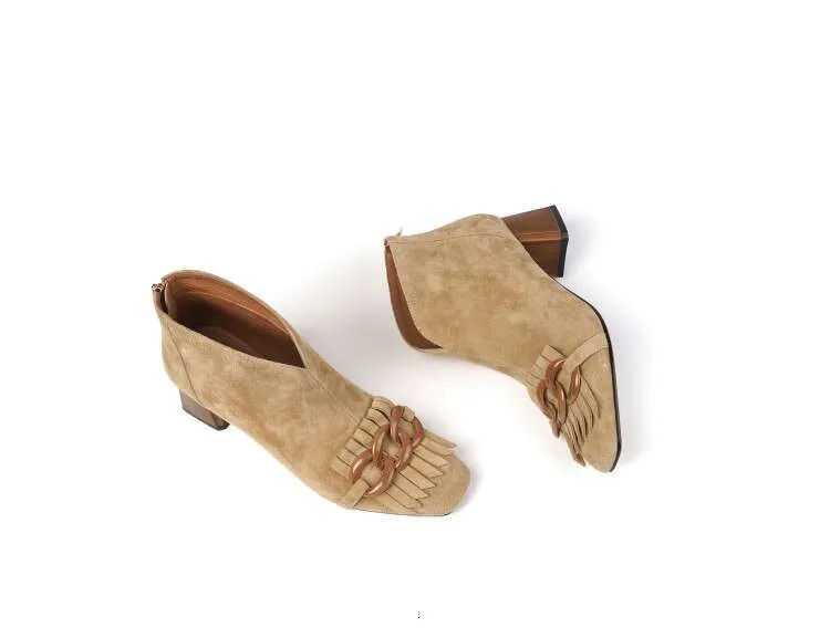 New Autumn/Winter Women Sheep Suade Toe Square Heel Mid-Heel Ankle Boots Fringed Zipper Fashion Office Lady Shoes_vogvips.com