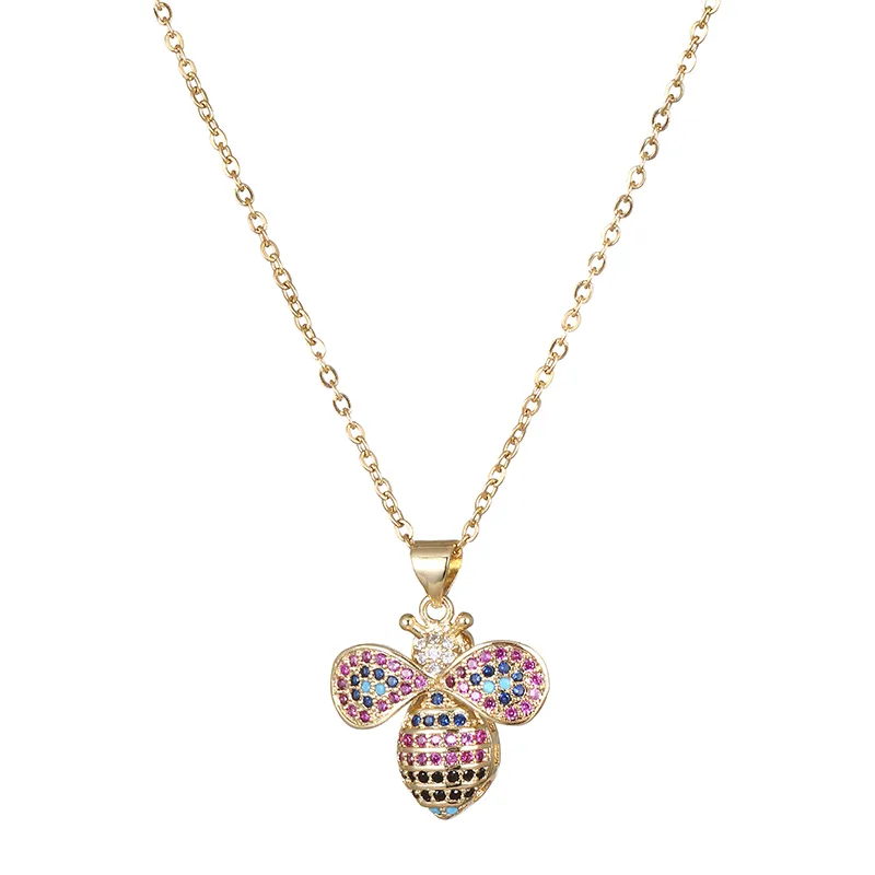 Collane con ciondolo Catena in acciaio inossidabile Rame intarsiato Zircone colorato Collana ape per donna Collana con ciondolo iniziale_voghion.com