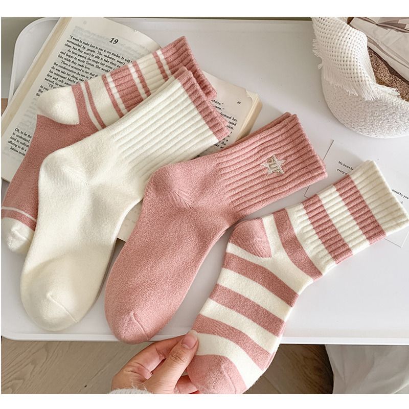Solid color cotton for children, winter rabbit cashmere, thick midsole women's s, striped embroidery, high elastic_voghion.com