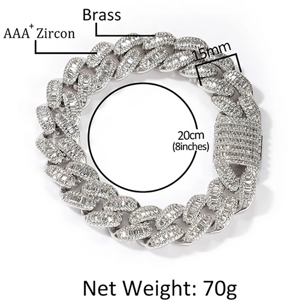 New Style 15MM Baguette Cuban Link Iced Out Braces 14k White Gold Icy Cubic Zirconia Jewelry 7inch 8inch Hiphop_voghion.com
