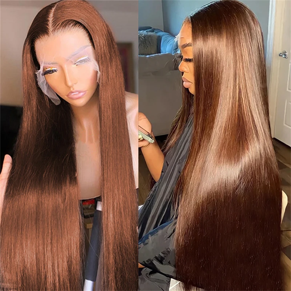 hot selling 30 Inch Bone Straight Colored Chocolate Brown Front Human Hair Wigs For Women 13x4 HD Transparent Lace Frontal Wig On