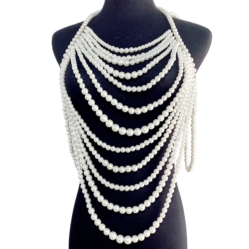 Chaînes Long Collier Blanc Noir Femmes Taille Réglable Bijoux En Plastique Perle Corps Chaîne Anniversaire Épaule_voghion.com