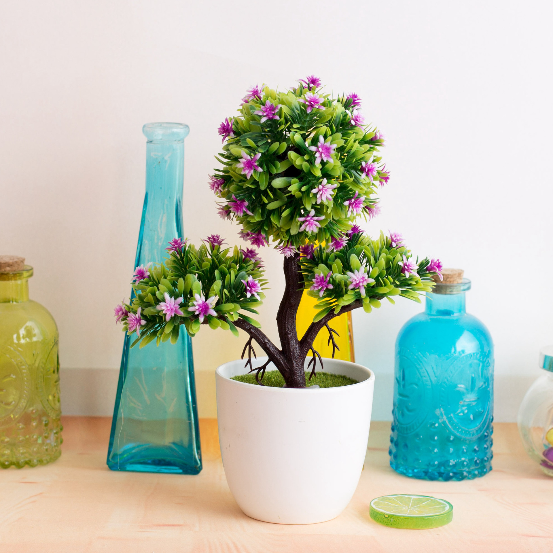 Ornamenti di piante bonsai di susino a 3 punte, palla di albero artificiale, decorazione floreale per interni, decorazione da tavolo, pianta verde, fiore artificiale_voghion.com