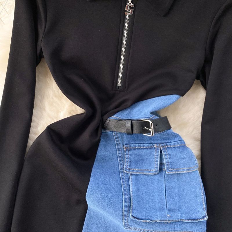 Clothing 2024 Spring Women's Design Color-contrast ing Niche Zipper Slim Short Denim Hip Skirt Dress Women_voghion.com